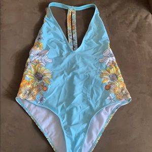 Halter one piece swimsuit with floral design
